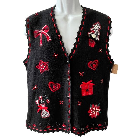 VINTAGE 90s Koret Beautiful Bows Ugly Christmas Sweater Vest Size Medium - Picture 1 of 4